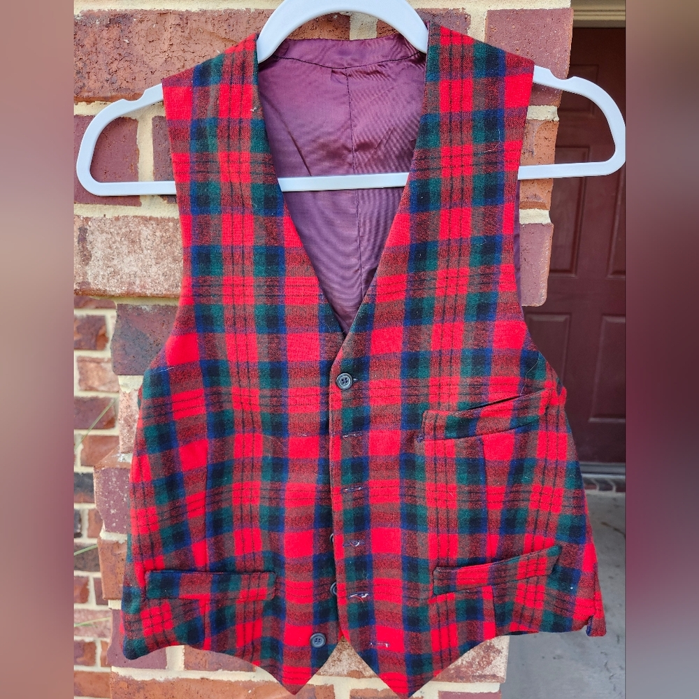 Red and Green Plaid Button-Up Vest